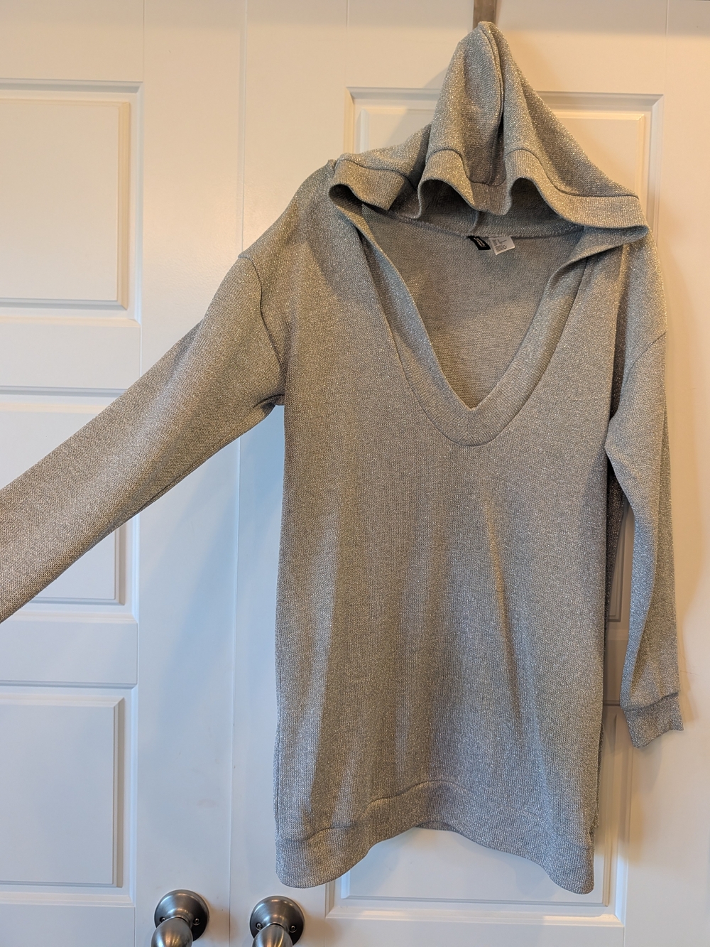 H&M Divided Shimmering Metallic Silver V-Neck Hoodie Knit Dress
